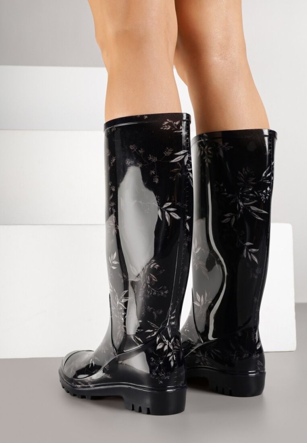 Czarne Kalosze ze Wzorem Liści Rilenella