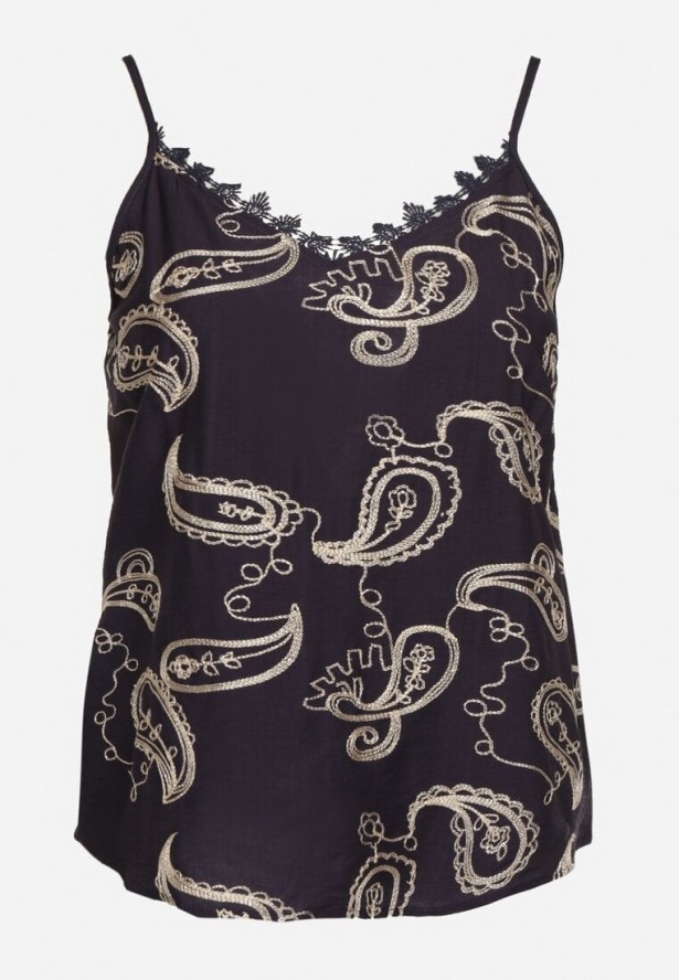 Granatowy Top na Cienkich Ramiączkach z Haftem i Metaliczną Nicią Palinoria