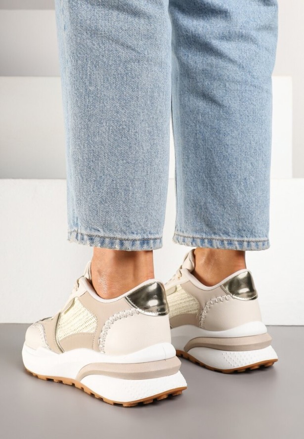 Beżowe Sneakersy na Platformie ze Wstawkami z Plecionki Ninatia