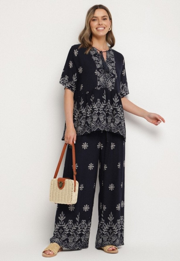 Granatowy Wiskozowy Komplet Bluzka z Wiązaniem i Spodnie Lunavelia