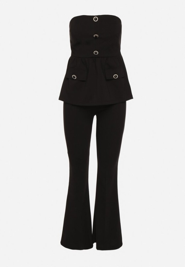 Czarny Komplet Top z Baskinką Zdobiony Guzikami i Spodnie Dzwony Sovkio