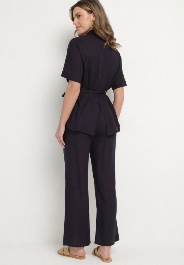 Granatowy Komplet z Wiskozą Lnem Koszula z Paskiem i Szerokie Spodnie Galorisa