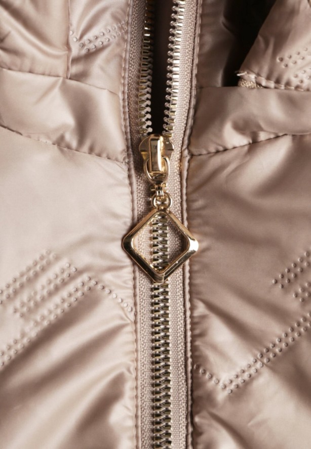 Ciemnobeżowa Pikowana Kurtka Przejściowa o Prostym Kroju z Kapturem Vimoris