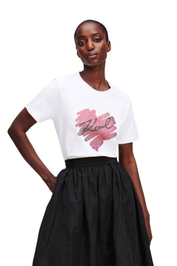 KARL LAGERFELD Biały damski t-shirt z cyrkoniami Hearts RS, Rozmiar S
