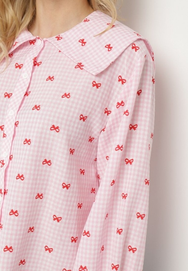 Różowa Koszula z Szerokim Kołnierzykiem z Bawełny i Wiskoz w Kratkę Lavzemis
