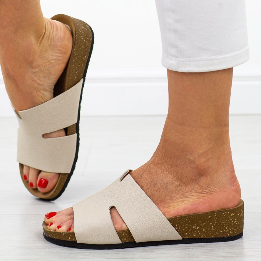 Beżowe skórzane Polskie klapki damskie Deoni k805