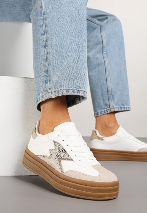 Złoto-Białe Sneakersy na Kauczukowej Podeszwie z Geometrycznym Wzorem Tolionne