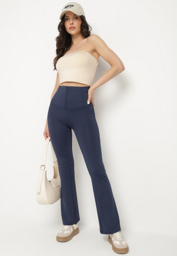 Granatowe Spodnie Typu Dzwony z Wysokim Stanem Evelauri