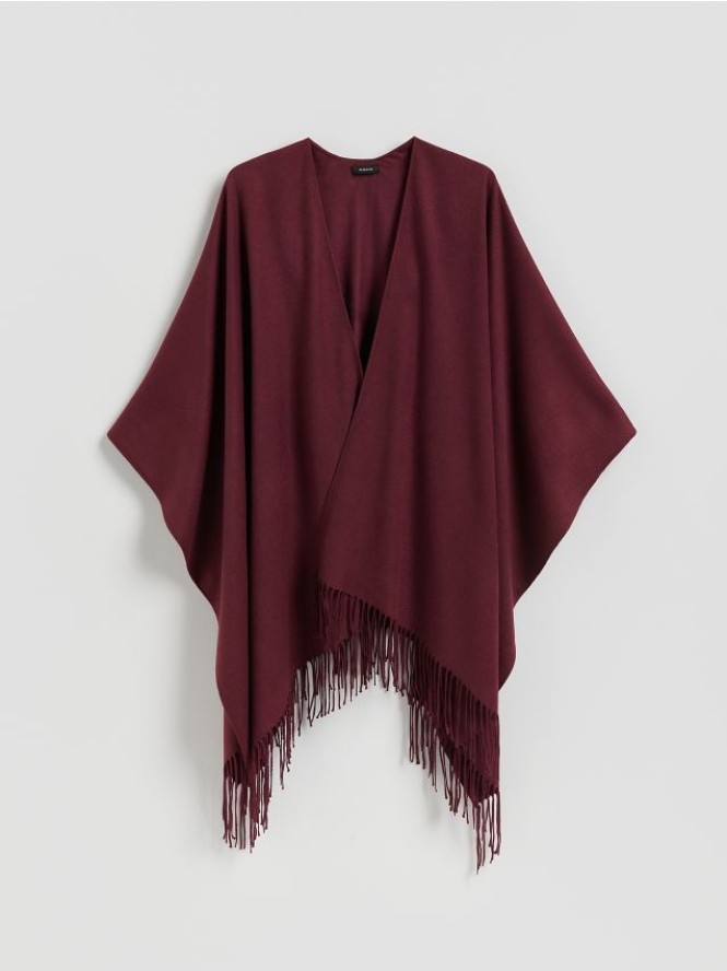 Poncho z frędzlami - burgundowy