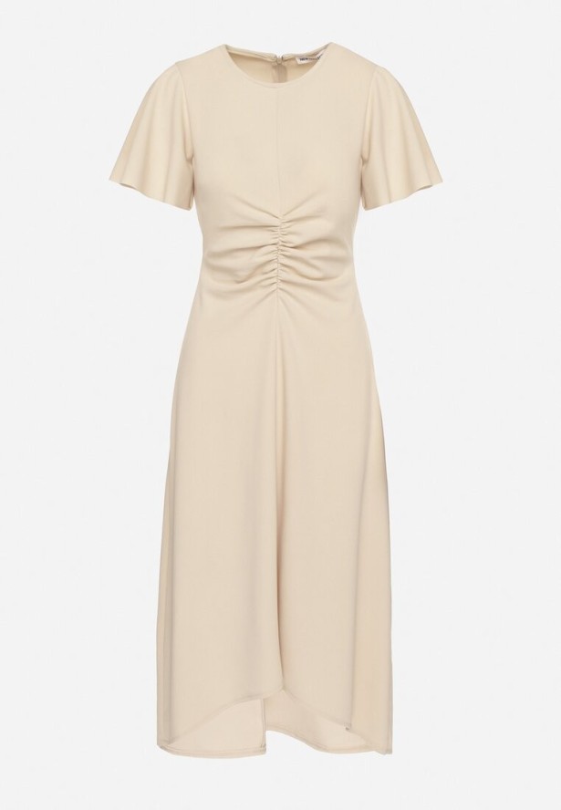 Beżowa Rozkloszowana Sukienka Ozdobiona Marszczeniem Odallica