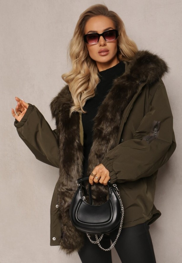 Ciemnozielona Kurtka Parka Oversize z Futerkiem Horelle