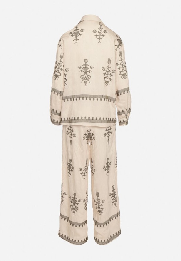 Beżowy Komplet z Wiskozy w Stylu Boho Koszula i Spodnie Zdobione Haftem Sarhiris