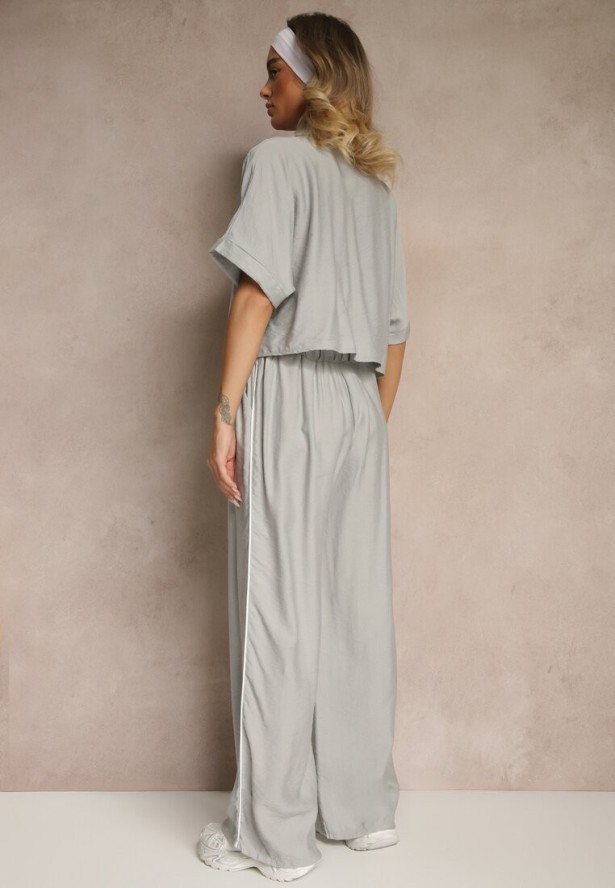 Szary Komplet z Wiskozy Koszula o Krótkim Kroju i Szerokie Spodnie Daviriana