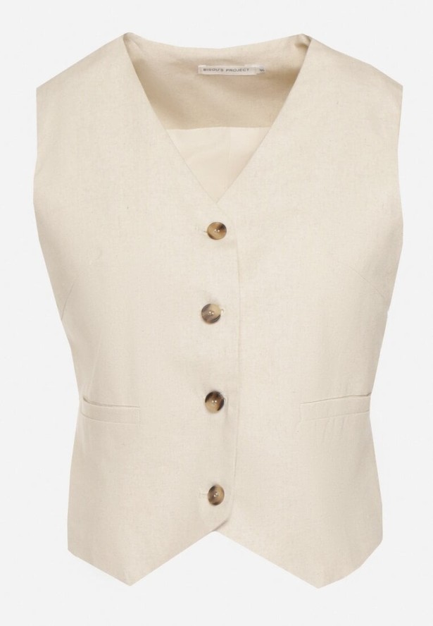 Beżowa Bawełniana Kamizelka Garniturowa Zapinana na Guziki Tiamaire