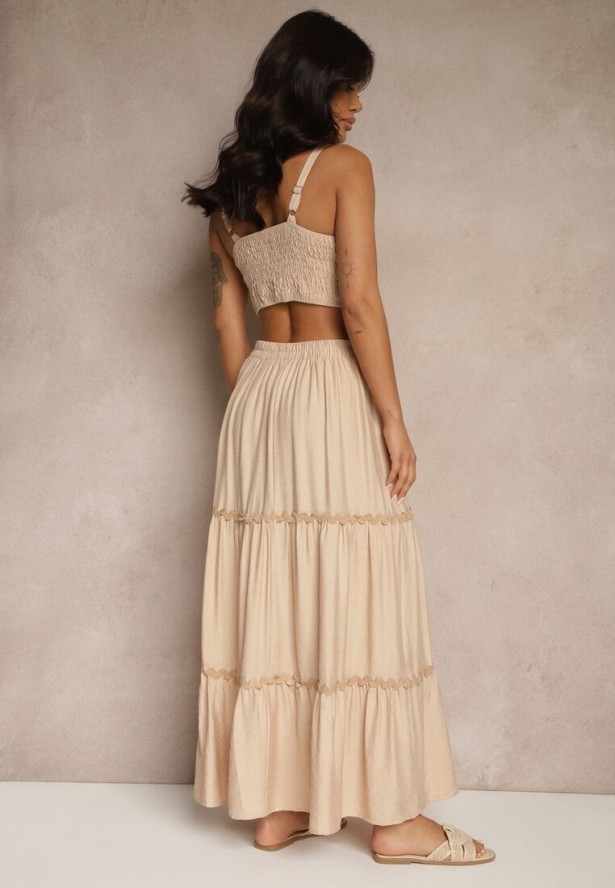 Beżowy Komplet z Wiskozy Top na Ramiączkach i Spódnica Rozkloszowana z Gumką w Pasie Efrisia