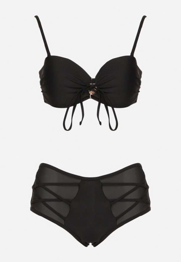 Czarne Bikini Biustonosz i Majtki Figi z Wysokim Stanem Zdobione Siateczką Kinetia