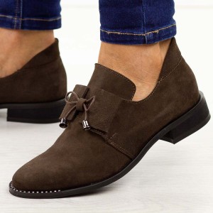 Czekoladowe zamszowe skórzane Polskie półbuty damskie Deoni D055