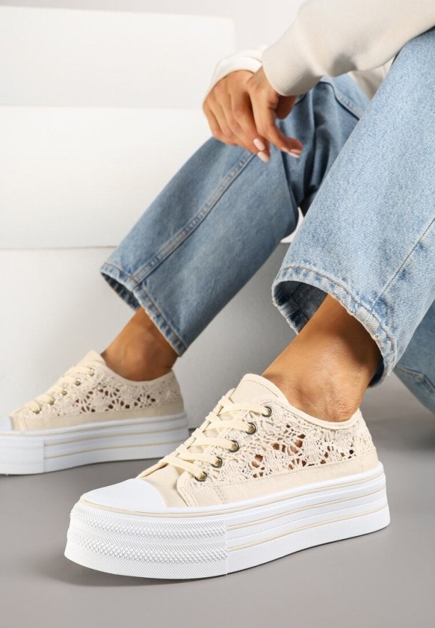 Beżowe Ażurowe Trampki na Platformie Felenna