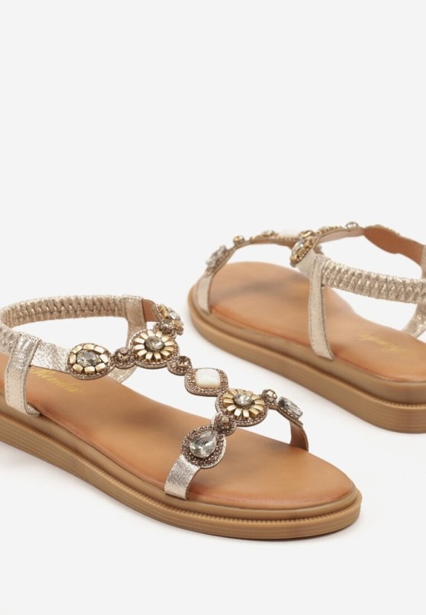 Złote Płaskie Sandały z Kryształkami i Cyrkoniami Julissema