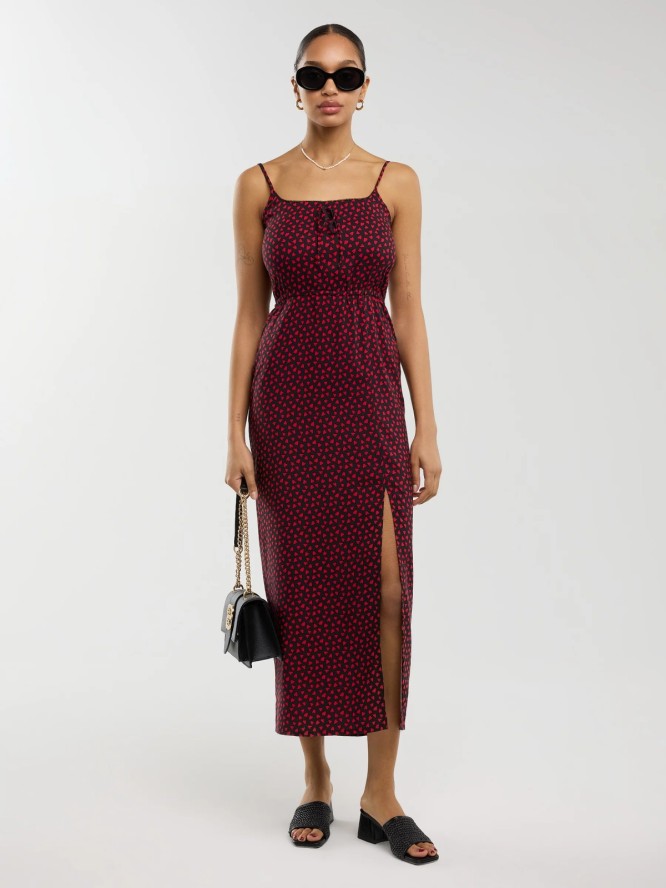 Sukienka damska midi z wiskozy na ramiączkach w serduszka czarna Frema 906