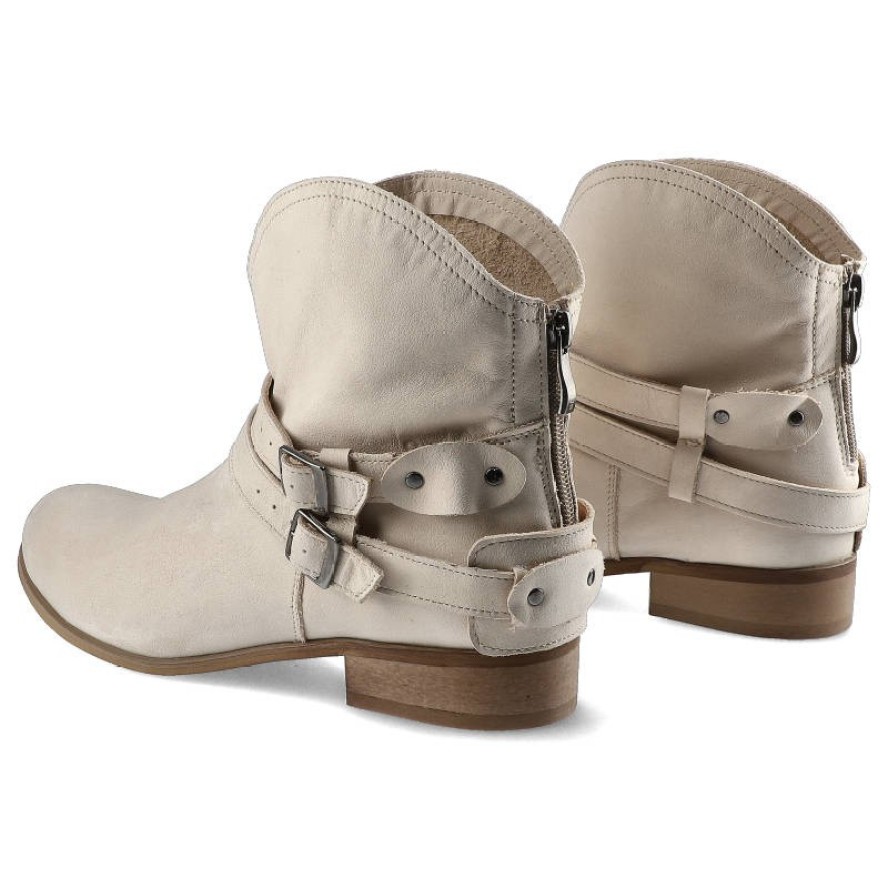 Beżowe Botki Pollonus Damskie Modne Buty Skórzane