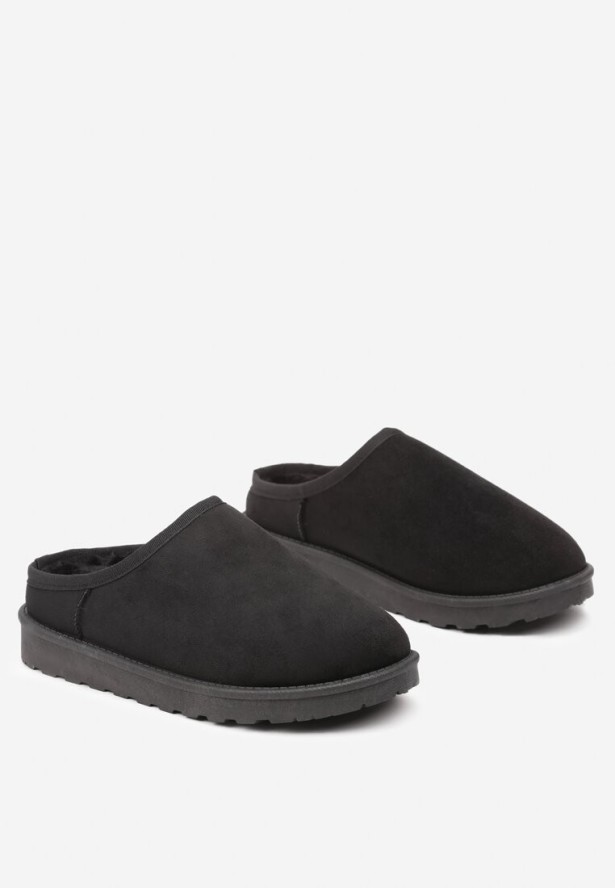 Czarne Klasyczne Płaskie Kapcie z Futerkiem Neccaria