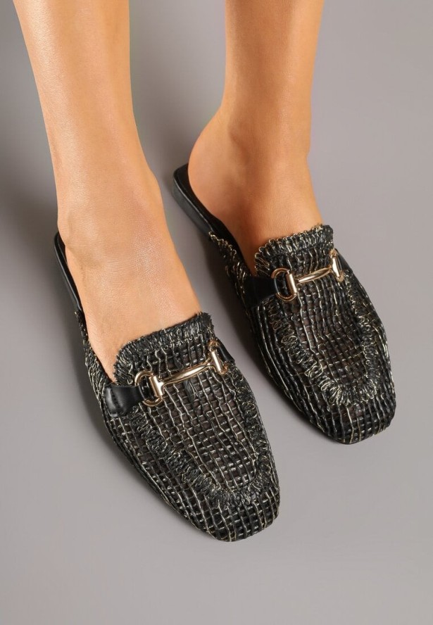 Czarne Tweedowe Klapki Mule z Metaliczną Aplikacją Jolritia