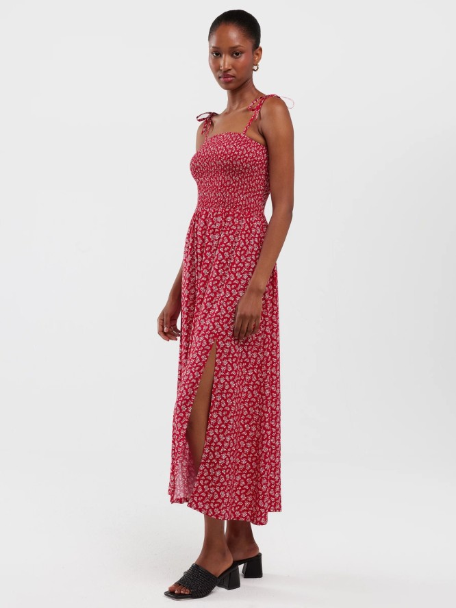 Sukienka damska midi z wiskozy na ramiączkach z motywem kwiatowym czerwona Lamboni 603