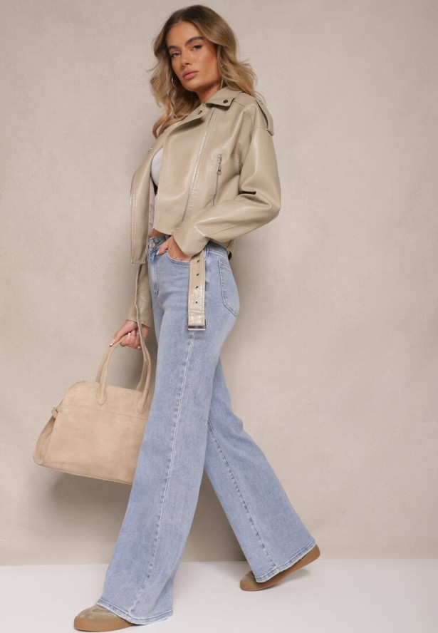 Beżowa Klasyczna Kurtka o Fasonie Ramoneski Sesanovia