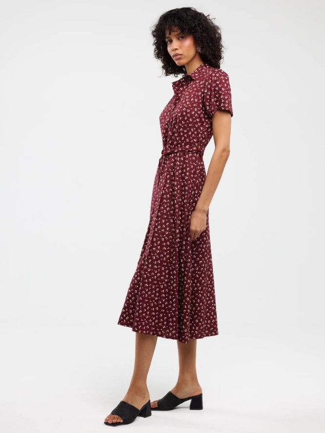Sukienka damska midi z wiskozy z motywem kwiatowym bordowa Nahai 604
