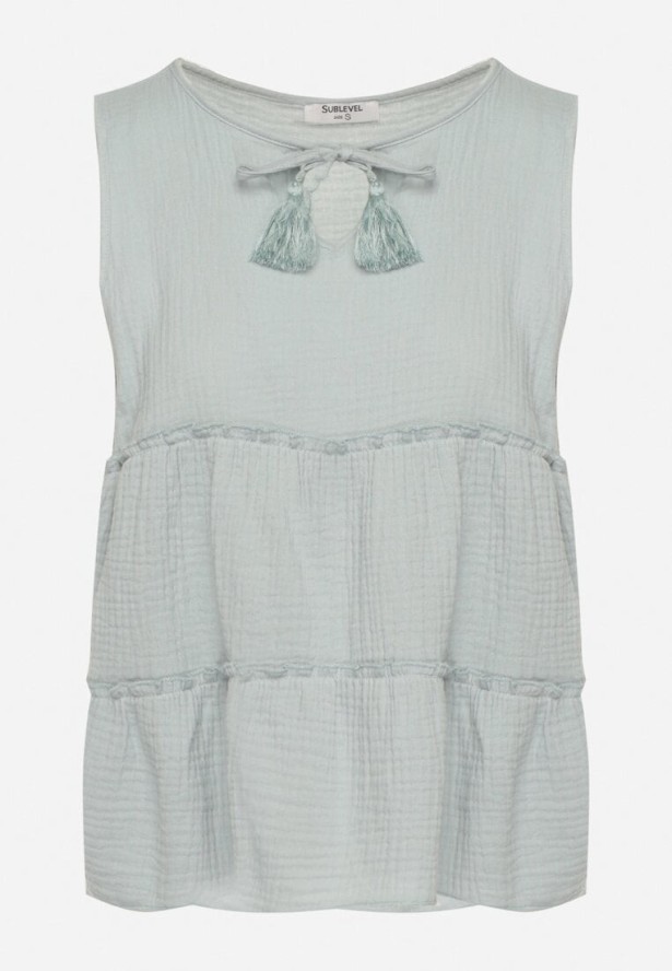 Jasnozielona Bawełniana Bluzka Muślinowa z Wiązaniem i Falbanami Ralania