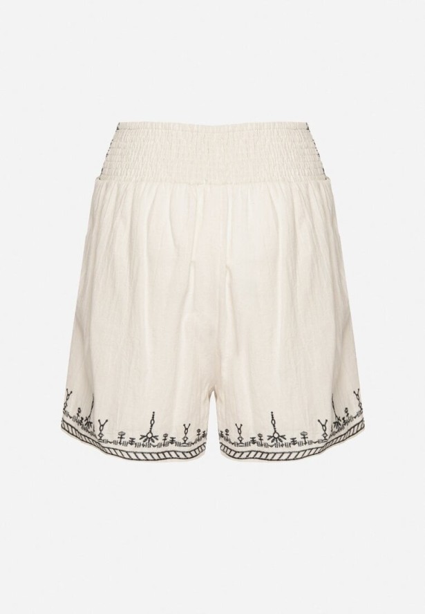 Czarno-Kremowe Bawełniane Szorty z Wysokim Stanem Zdobione Haftem Korioria