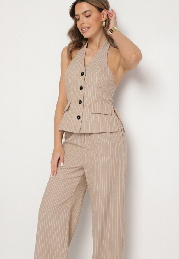 Beżowy Kombinezon w Prążki w Stylu Garniturowym Lanirith