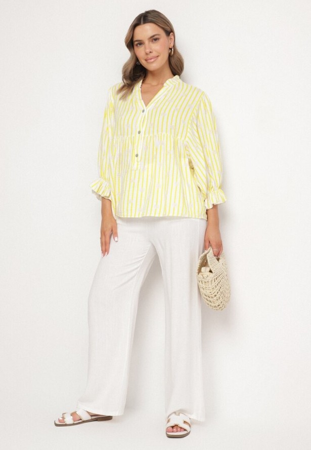 Żółta Bawełniana Koszula z Dekoltem w Serek w Kwiatowy Wzór Mailovelle