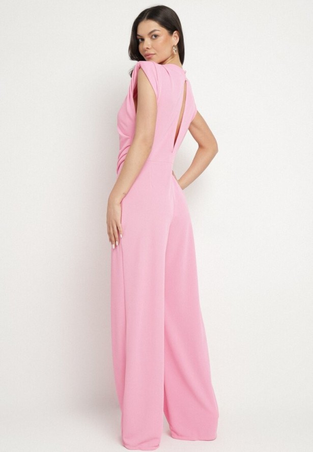 Różowy Kombinezon Bez Rękawów z Ozdobnym Marszczeniem Sepalene