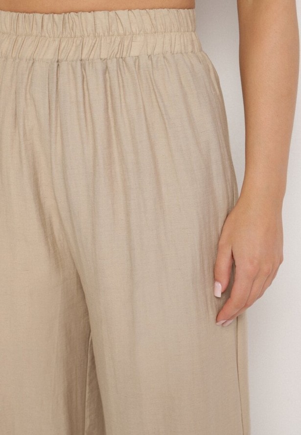 Ciemnobeżowe Spodnie Palazzo z Lnu i Wiskozy z Wysokim Stanem Linawena