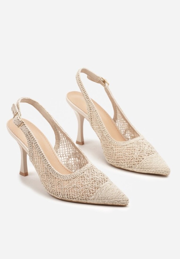 Beżowe Sandały na Szpilce Bez Pięty z Siateczkową Cholewką Araliaen