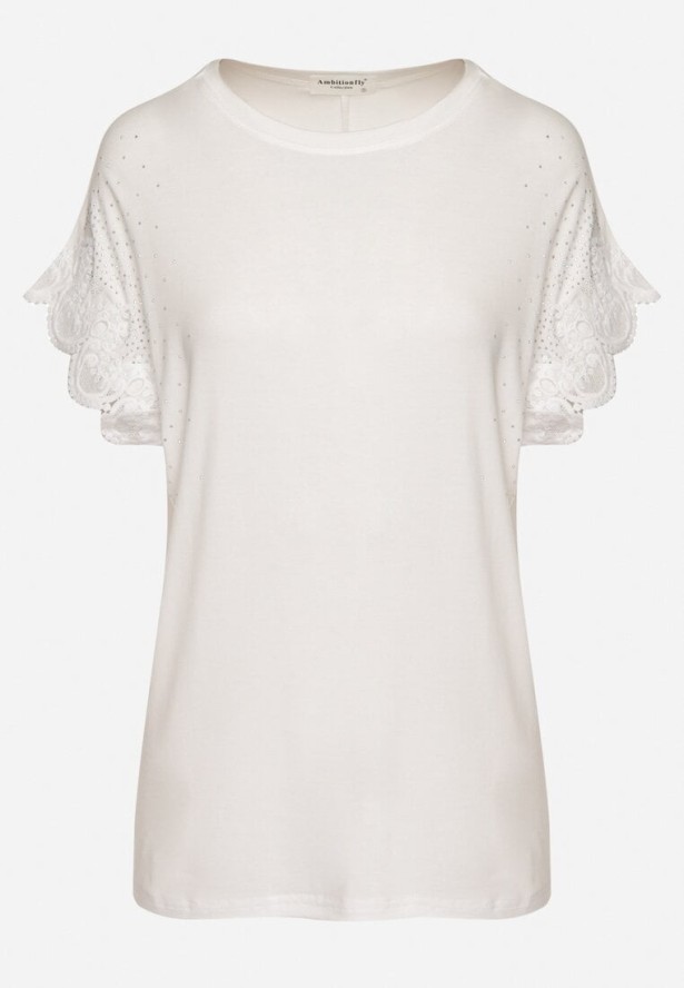 Biała Bawełniana Bluzka Nietoperz z Koronkowymi Rękawami z Cyrkoniami Adivain