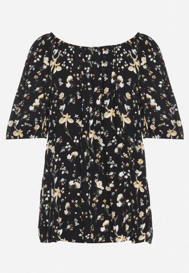 Czarna Bluzka ze Sztucznego Jedwabiu w Kwiaty Lisanithea