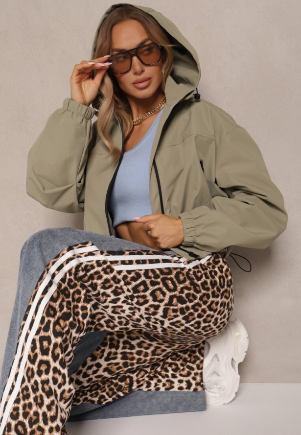 Ciemnozielona Kurtka Oversize w Sportowym Stylu z Kapturem i Ściągaczem w Pasie Volnea