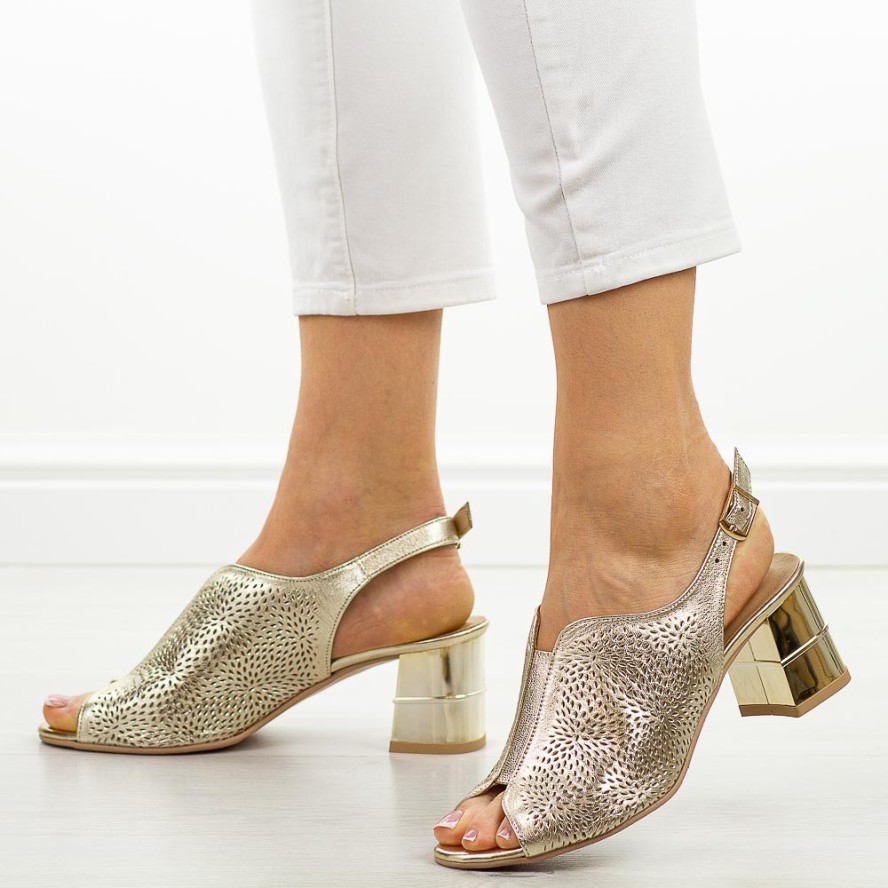 Złote skórzane Polskie sandałki damskie na obcasie Deoni L55/2