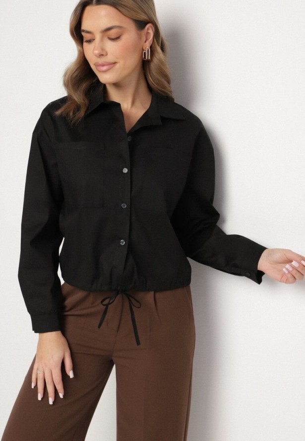 Czarna Bawełniana Koszula Ozdobiona Wiązaniem Zolmio