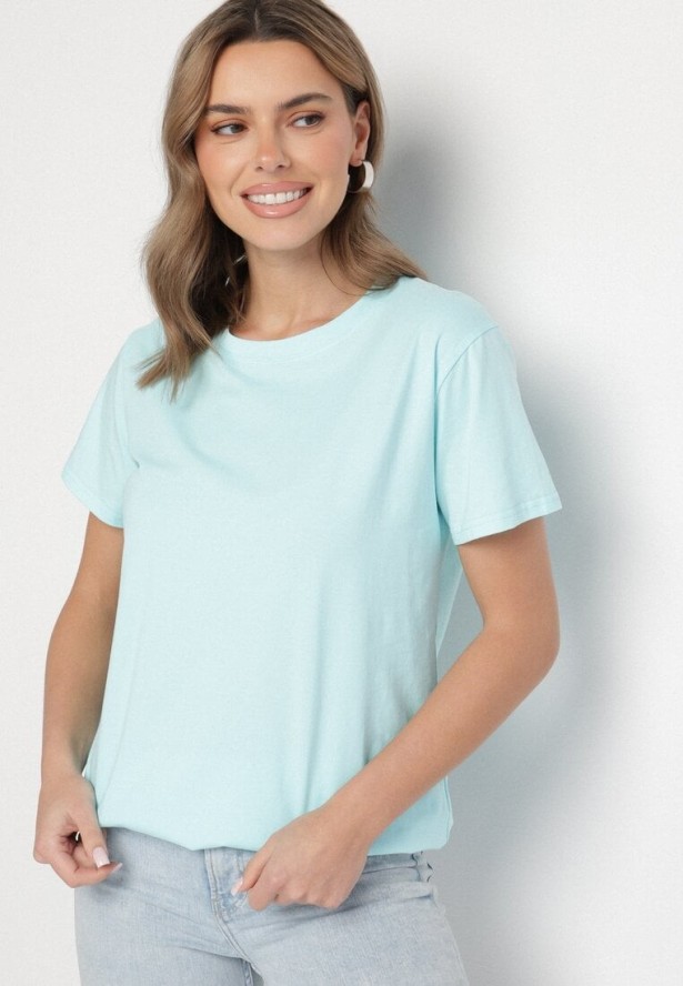 Jasnoniebieski Gładki T-shirt z Bawełny o Klasycznym Kroju Natime