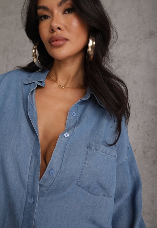 Niebieska Denimowa Koszula z Bawełną i Kieszonką Worimi