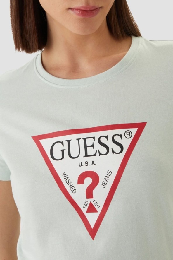 GUESS Miętowy bawełniany t-shirt damski na krótki rękaw Original, Rozmiar L