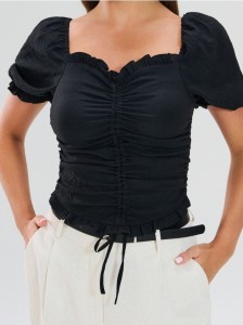 Bluzka z bufkami i drapowaniem - czarny