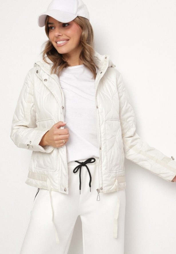 Biała Kurtka Pikowana z Odpinanym Kapturem ze Ściągaczami Erathena
