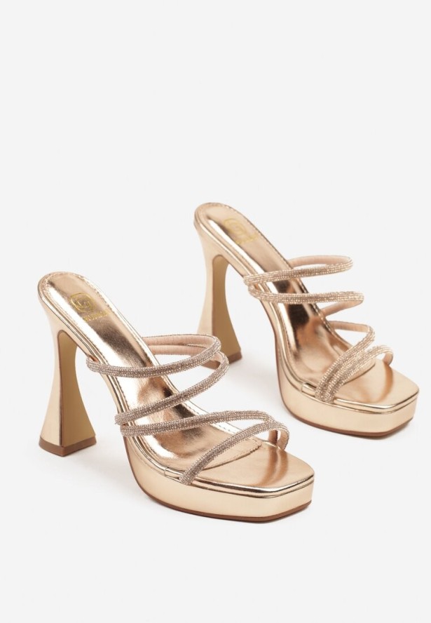 Szampańskie Klapki na Obcasie Typu Stożek Zdobione Cyrkoniami Pollavira