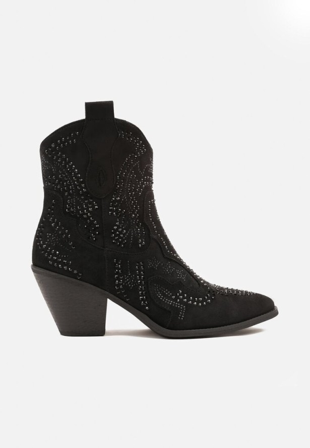 Czarne Botki Kowbojki na Stożkowym Obcasie z Cyrkoniami Tullane