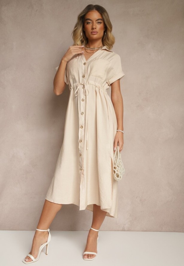 Beżowa Wiskozowa Sukienka Koszulowa z Guzikami i Wiązaniem w Talii Velazia